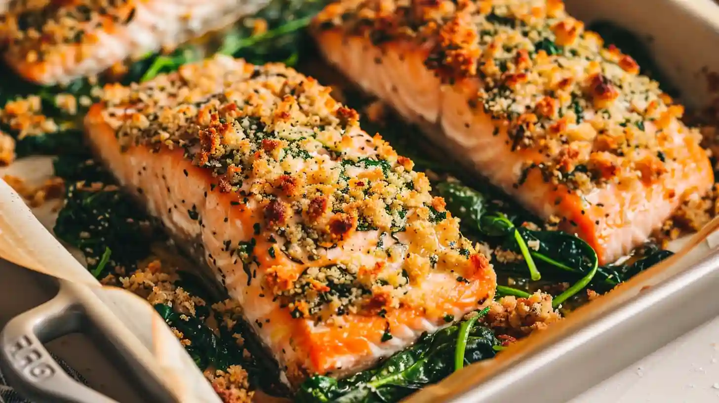 Baked Salmon With Spinach topped with golden herb crust