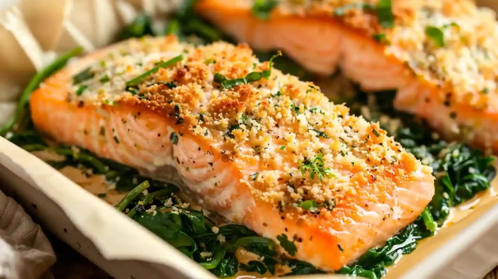 Baked Salmon With Spinach in a baking dish with herb topping