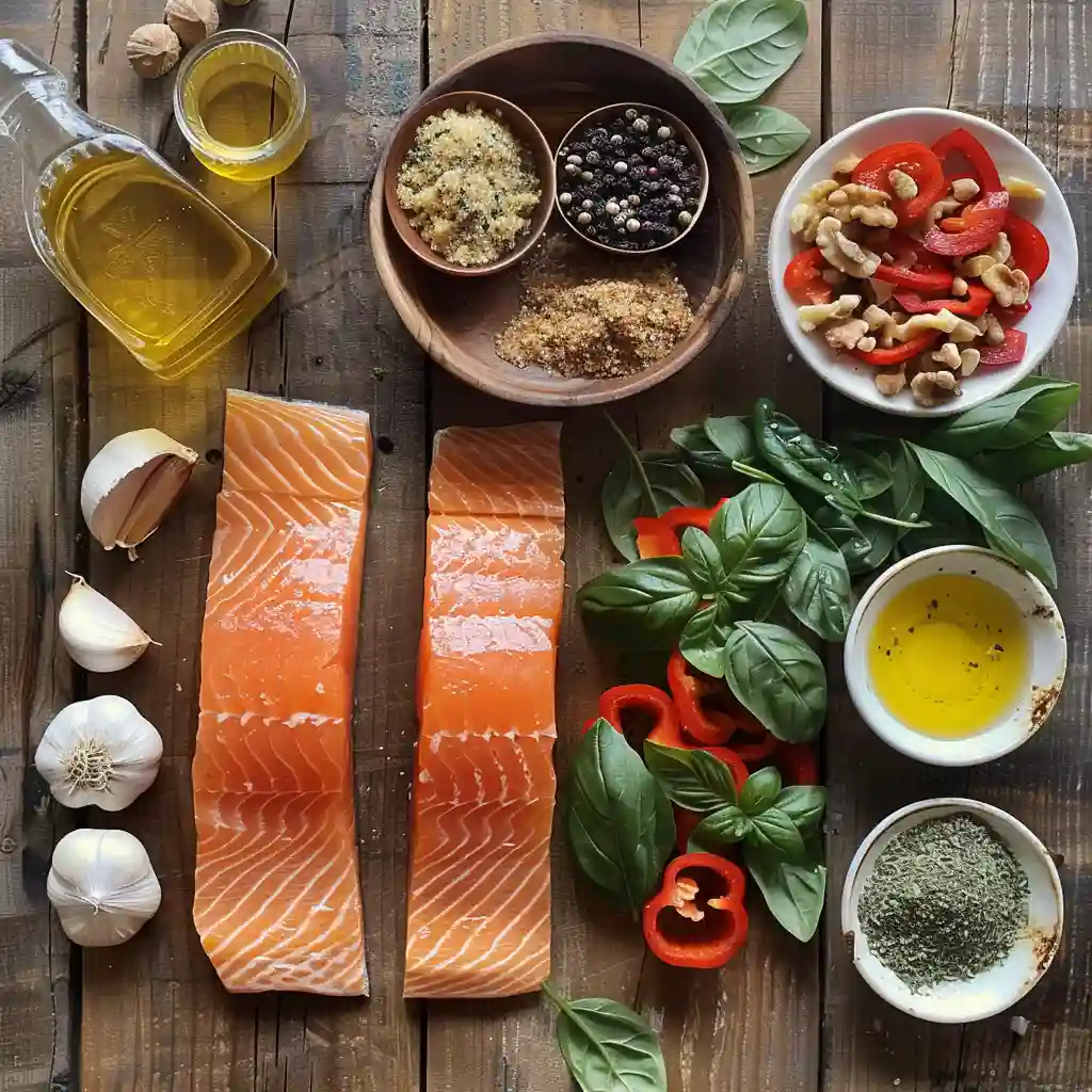 Ingredients for Baked Salmon With Spinach on a rustic table
