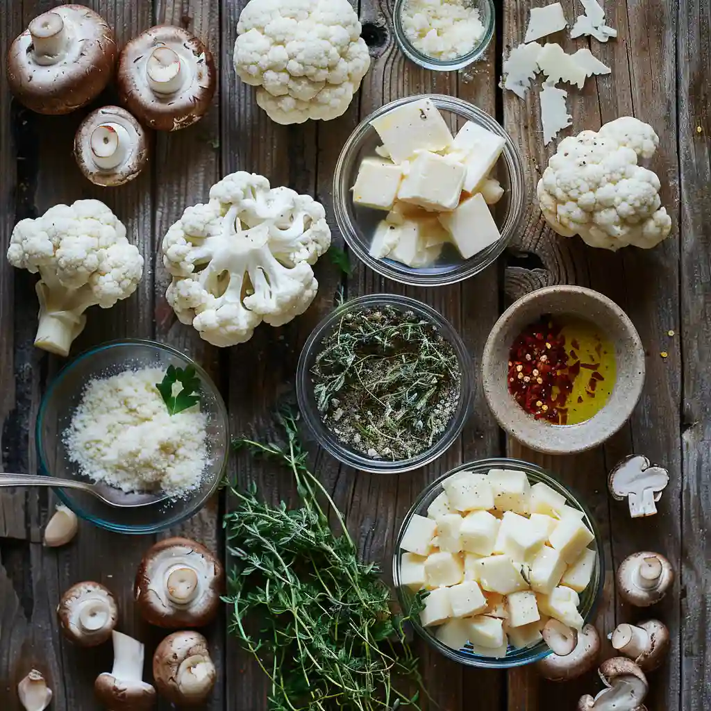 Ingredients for cauliflower mushroom skillet including cheese, herbs, and spices