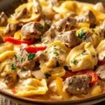 Cheesesteak Tortellini in Creamy Provolone Sauce close-up