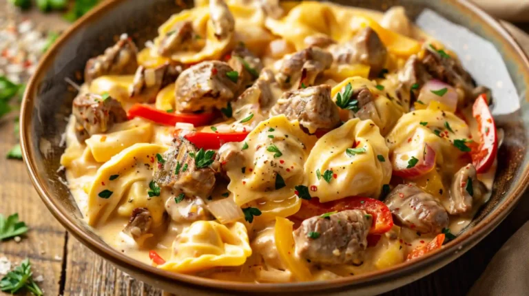 Cheesesteak Tortellini in Creamy Provolone Sauce close-up