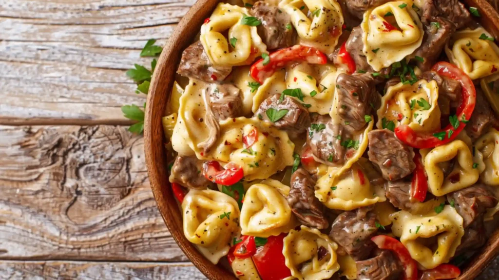 Cheesesteak Tortellini in Creamy Provolone Sauce top-down view