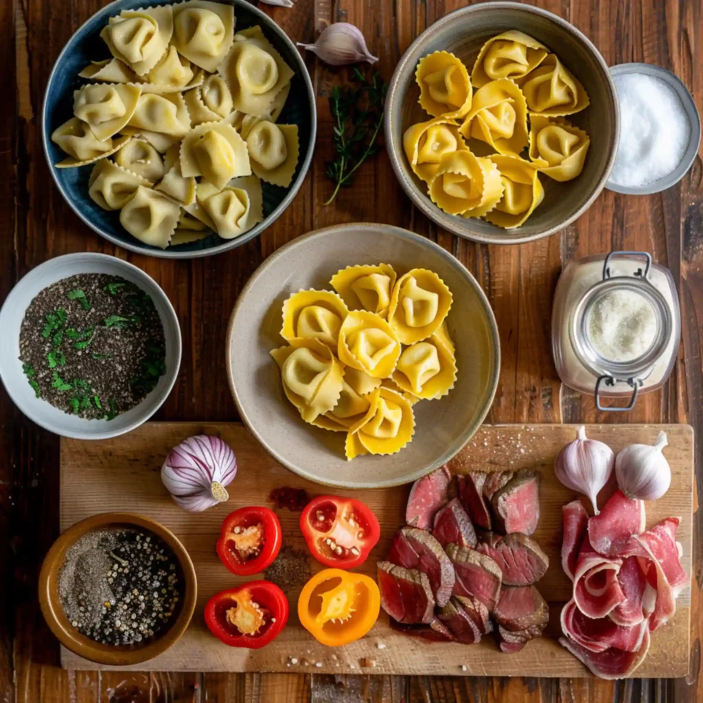 Cheesesteak Tortellini ingredients flat lay