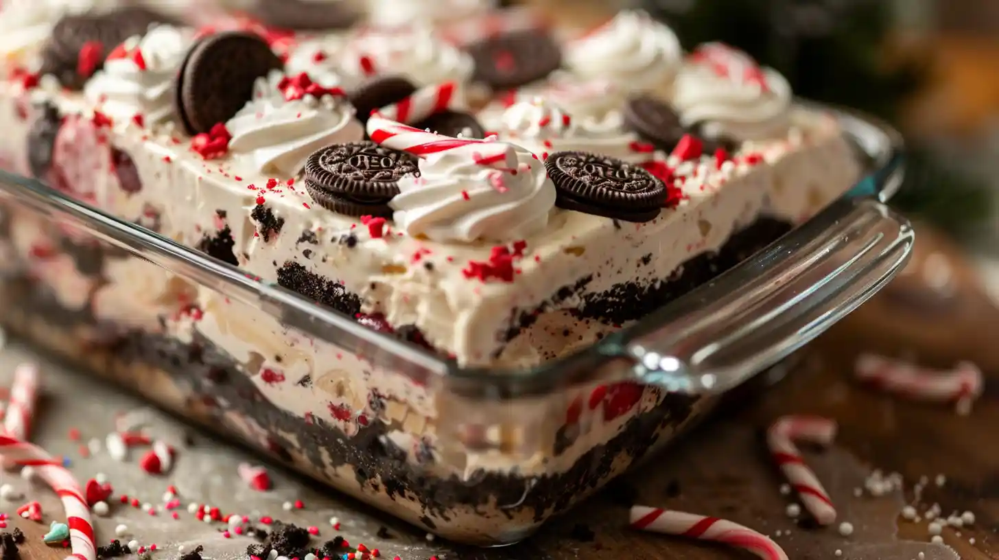 Creamy layered Christmas Cookie Lasagna with Oreo topping