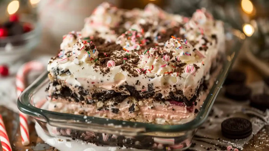 Christmas Cookie Lasagna with peppermint and chocolate layers