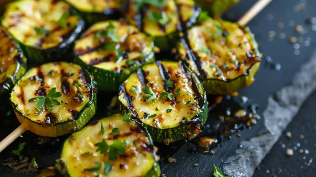 Grilled garlic butter zucchini skewers with fresh parsley