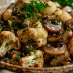 Garlic Cauliflower Mushroom Skillet with golden-brown roasted vegetables