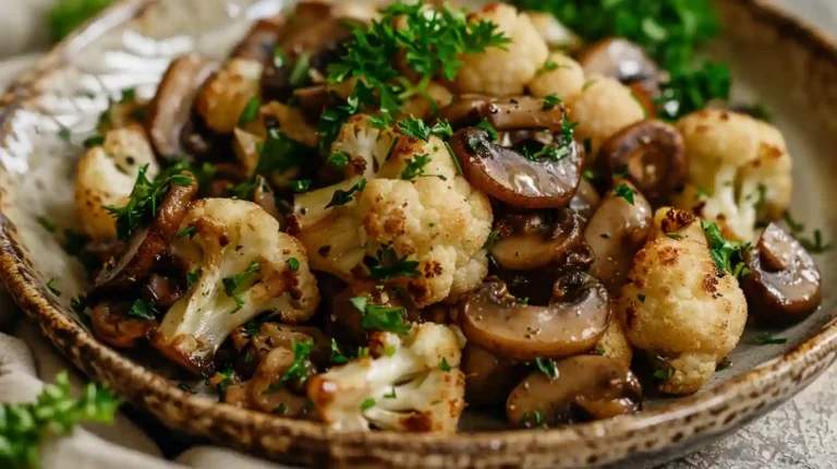 Garlic Cauliflower Mushroom Skillet with golden-brown roasted vegetables