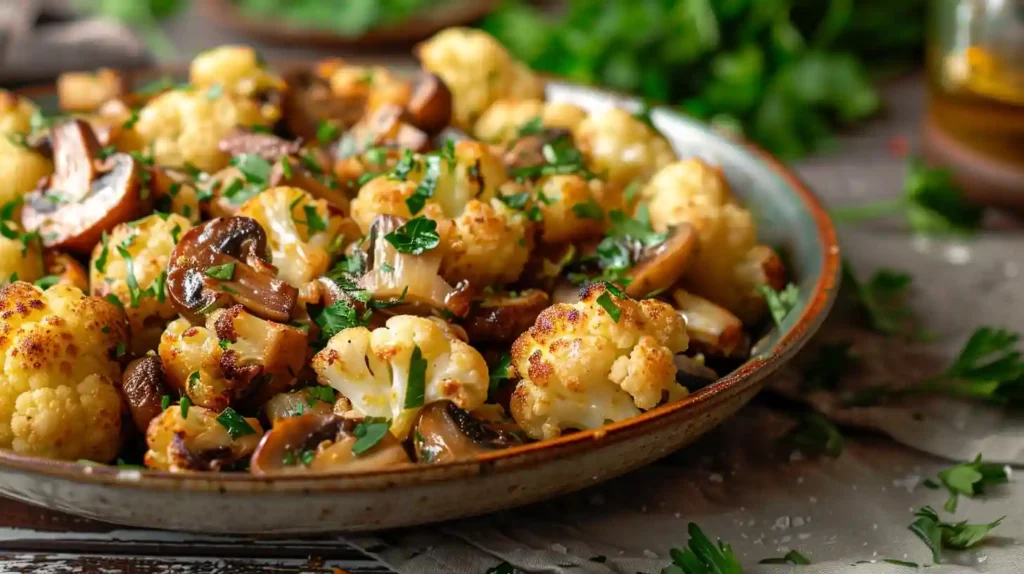 Garlic Cauliflower Mushroom Skillet served with fresh parsley