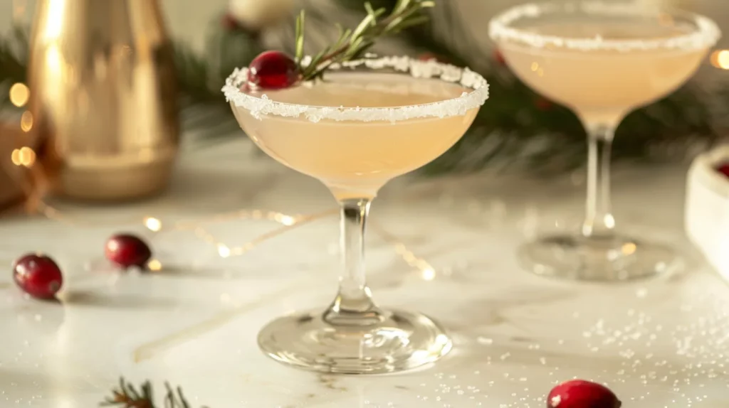 Holiday lemon drop cocktail in coupe glass with rosemary garnish