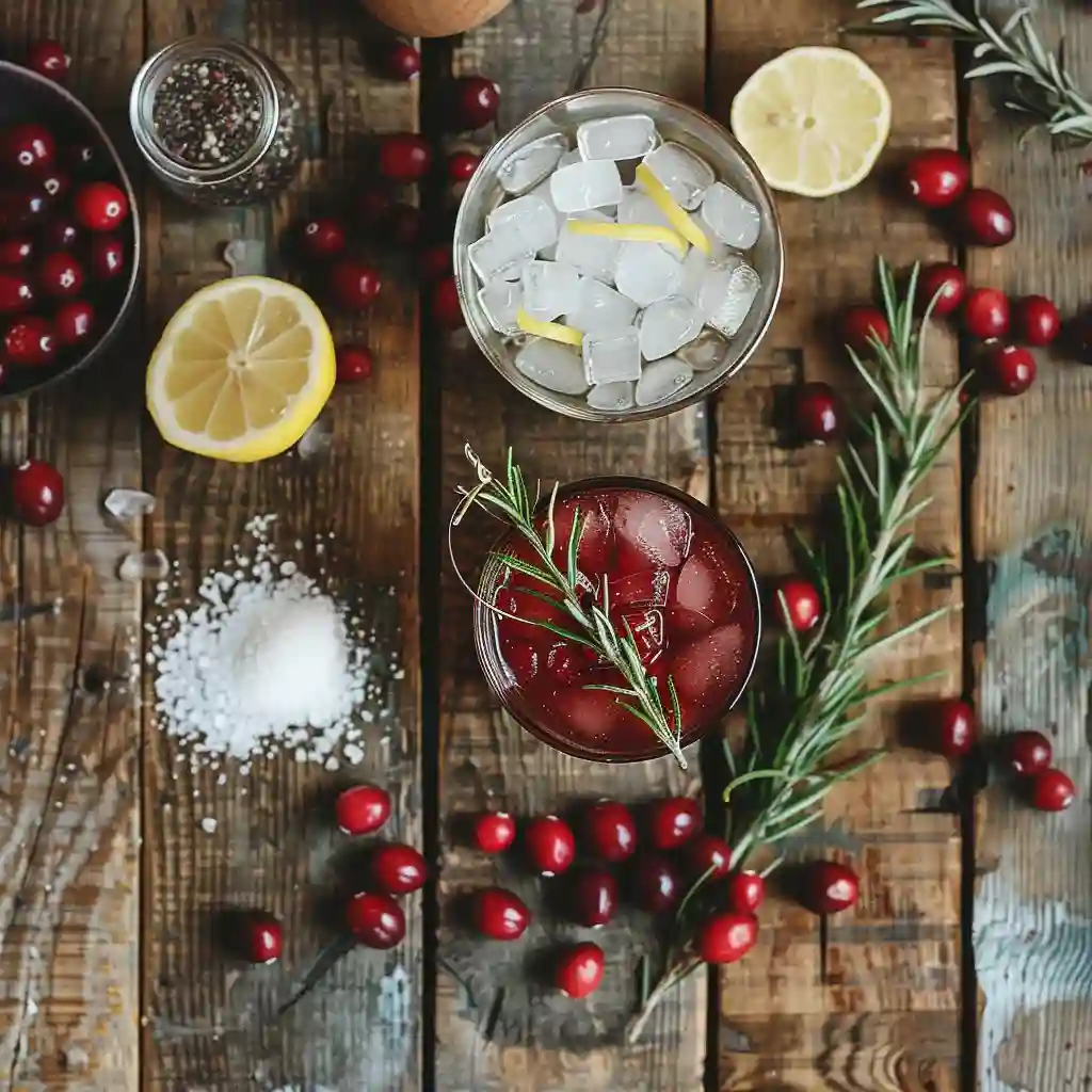 Ingredients for Holiday lemon drop cocktail on rustic wooden table