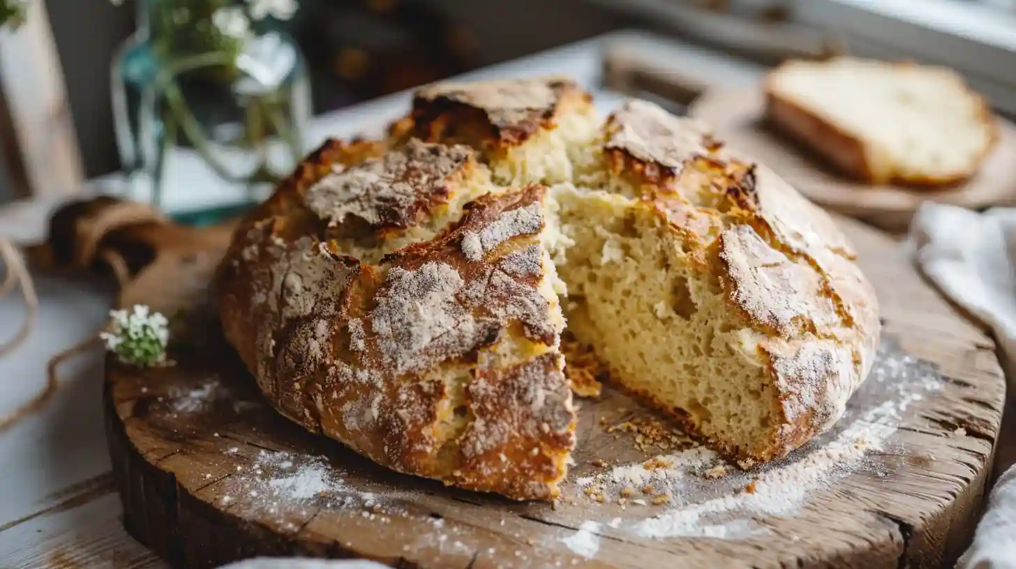 Crusty loaf of Irish Soda Bread Recipe on a wooden board