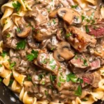 Leftover Prime Rib Stroganoff with mushrooms and noodles
