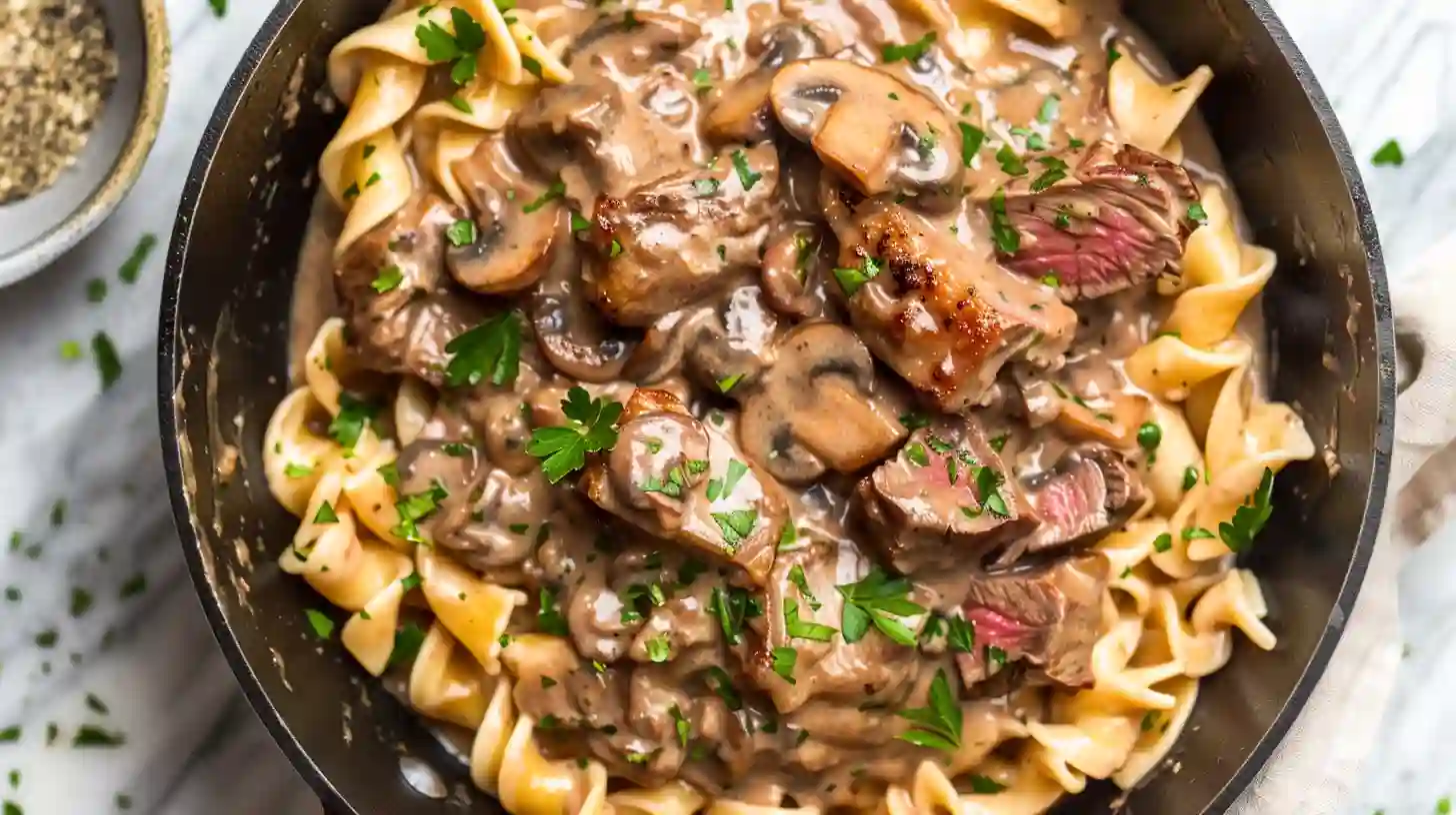 Leftover Prime Rib Stroganoff with mushrooms and noodles