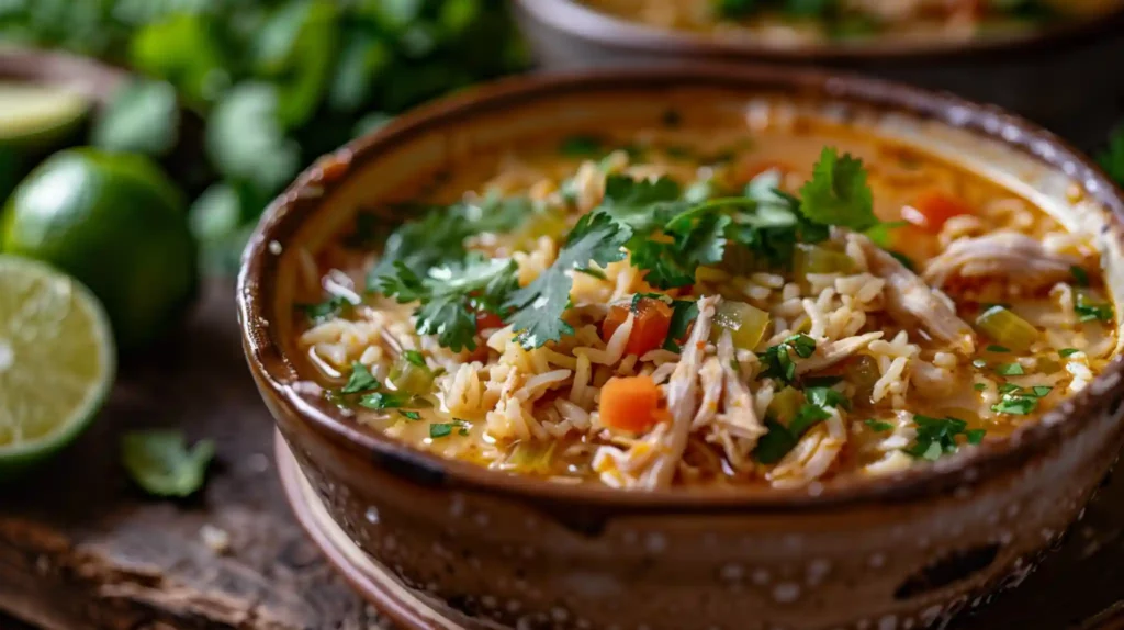 Mexican Lime Chicken Rice Soup in rustic bowl