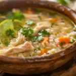 Mexican Lime Chicken Rice Soup garnished with lime and cilantro
