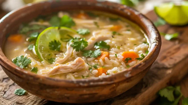 Mexican Lime Chicken Rice Soup garnished with lime and cilantro