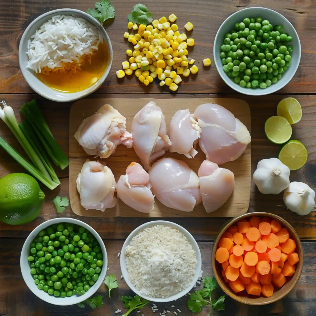 Mexican Lime Chicken Rice Soup ingredients flat lay