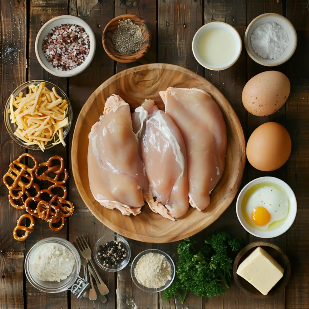 Pretzel Chicken with Mustard-Cheddar Sauce ingredients flat lay