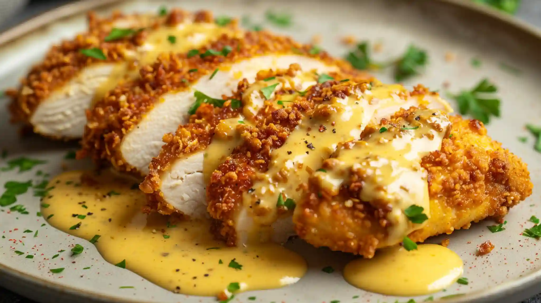 Pretzel Chicken with Mustard-Cheddar Sauce on plate