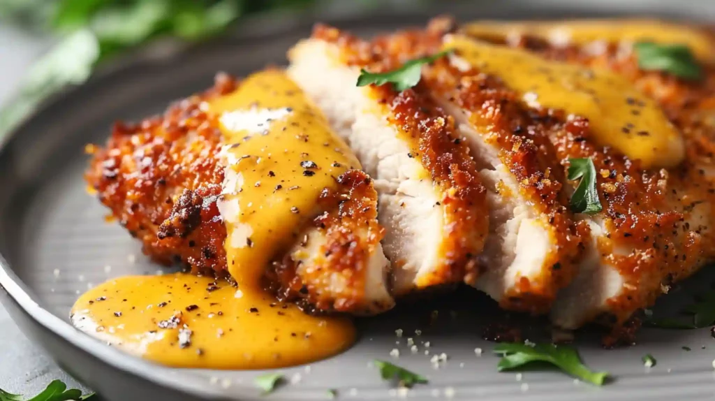 Pretzel Chicken with Mustard-Cheddar Sauce close-up