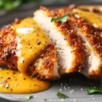Pretzel Chicken with Mustard-Cheddar Sauce close-up