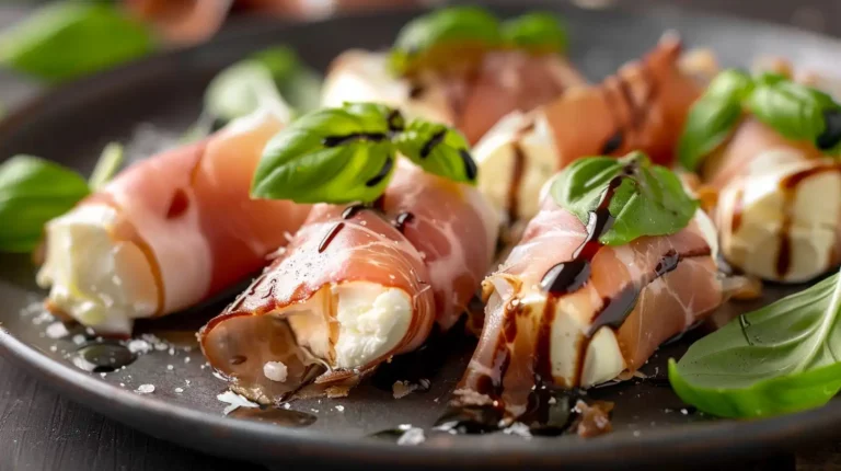 Prosciutto Wrapped Mozzarella Bites with basil and balsamic glaze