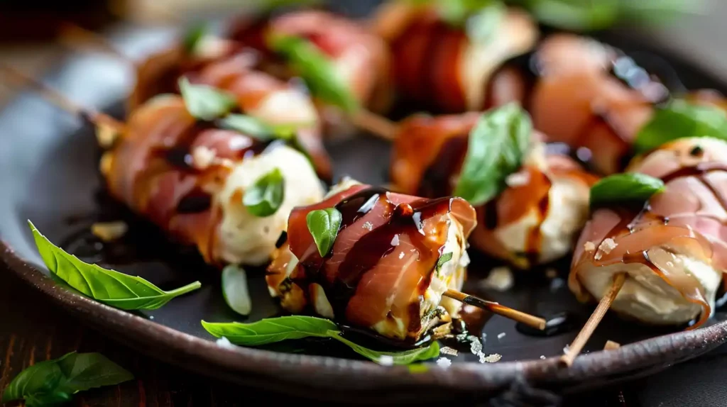 Skewered Prosciutto Wrapped Mozzarella Bites on a rustic plate