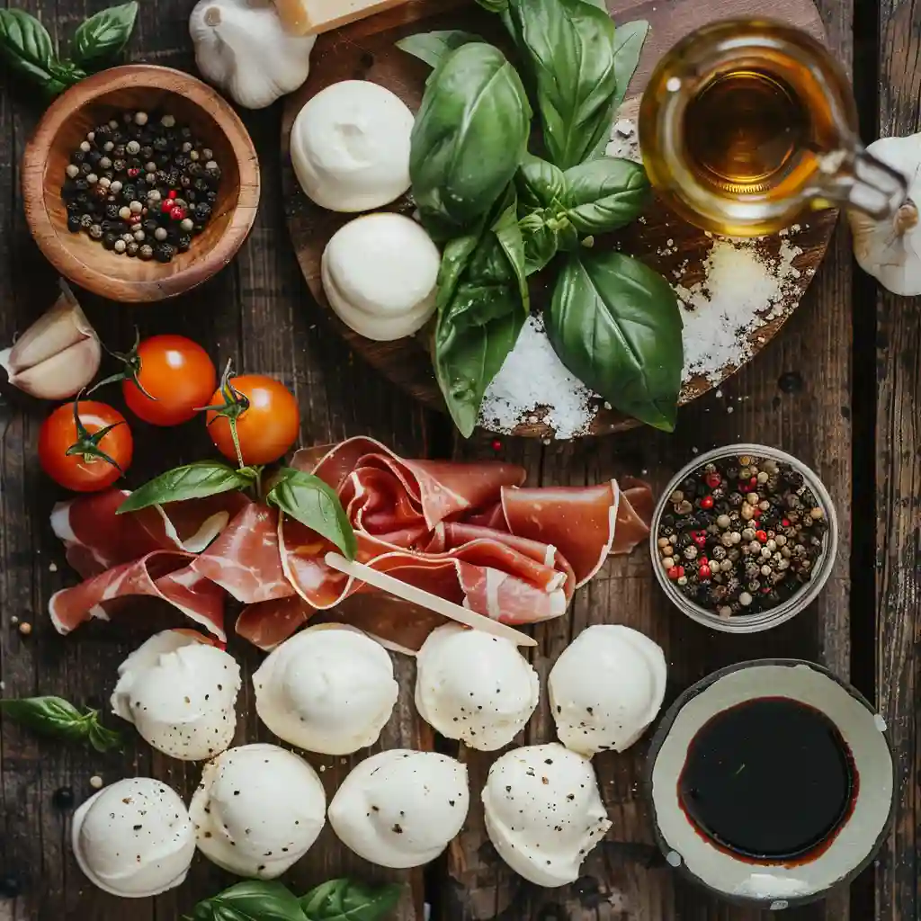 Ingredients for Prosciutto Wrapped Mozzarella Bites on a wooden board