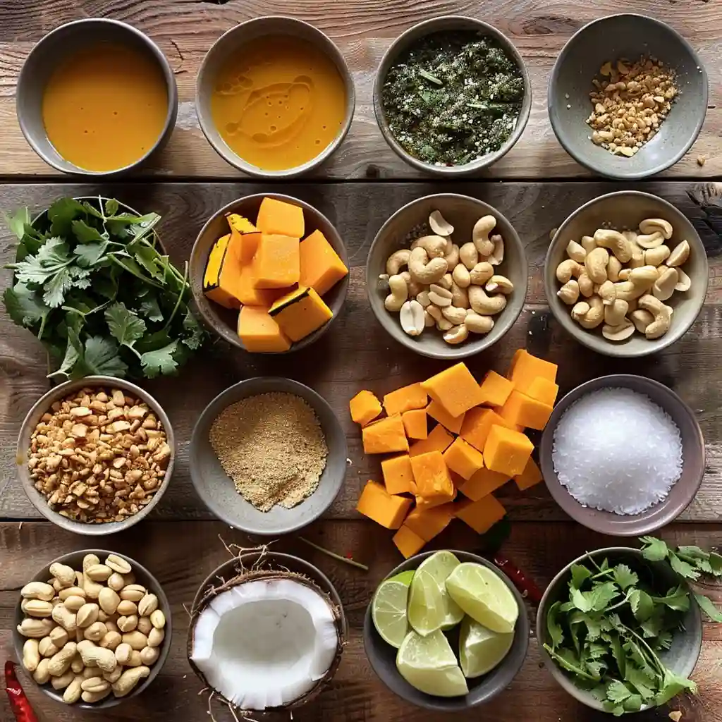 Ingredients for spicy Thai coconut pumpkin soup including coconut, lime, peanuts, and squash