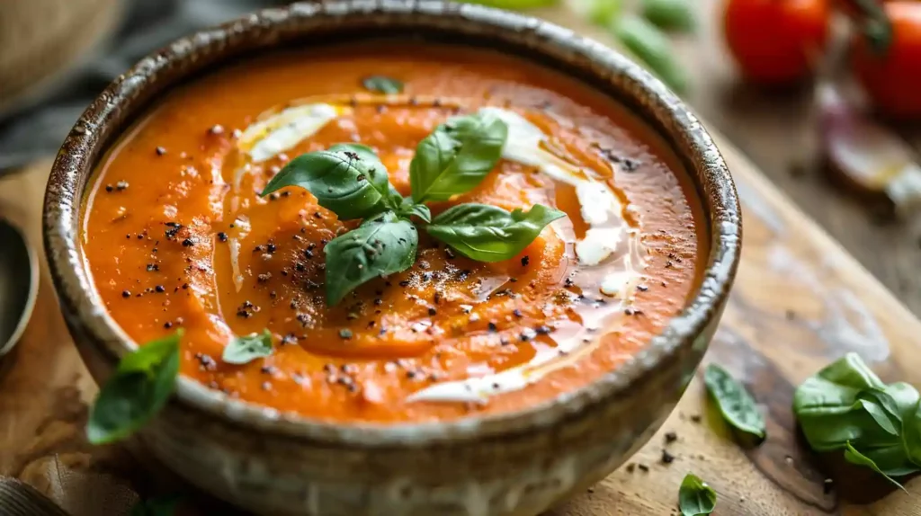 Roasted garlic tomato soup garnished with basil and cream
