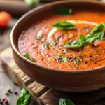 Creamy roasted garlic tomato soup in a rustic bowl