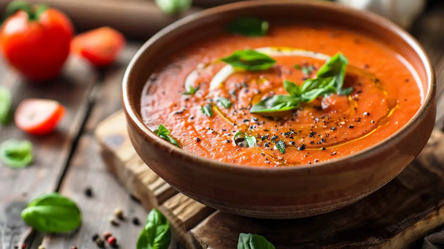 Creamy roasted garlic tomato soup in a rustic bowl