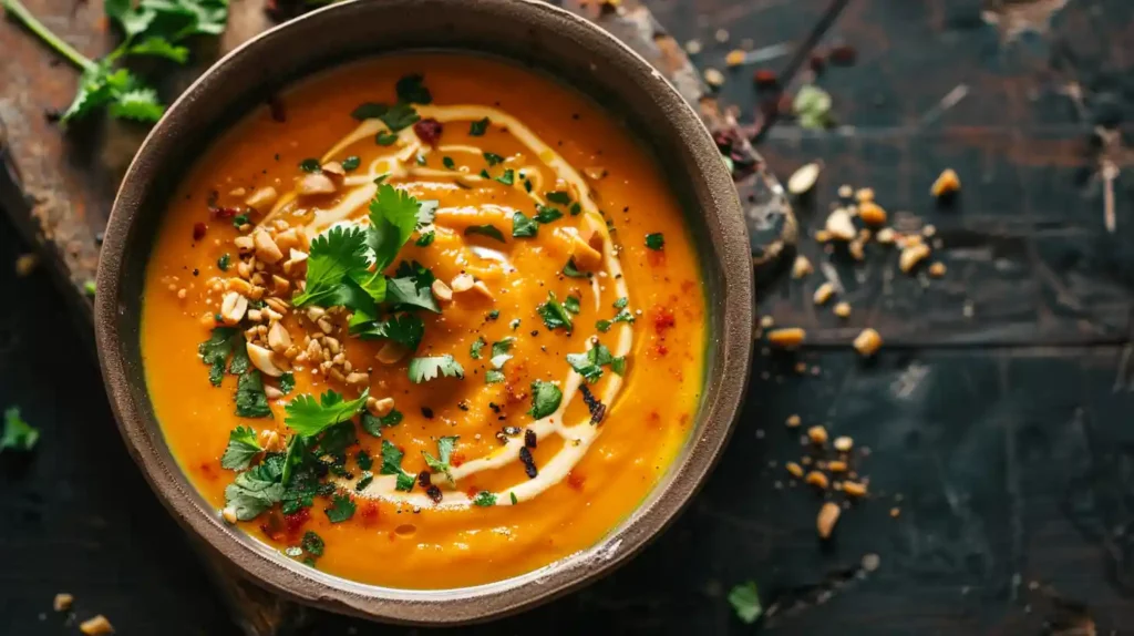 Spicy Thai coconut pumpkin soup with cilantro and crushed peanuts