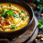 Thai coconut pumpkin soup served with fresh parsley and chili flakes
