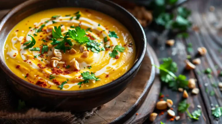 Thai coconut pumpkin soup served with fresh parsley and chili flakes