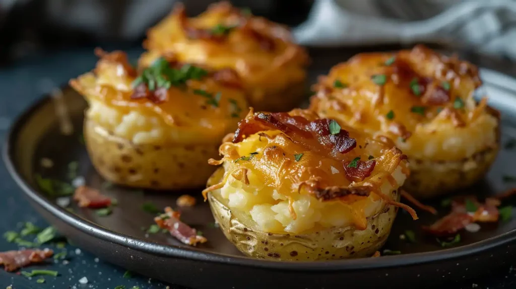 Cheesy Stuffed Mashed Potato Nests with herbs and bacon