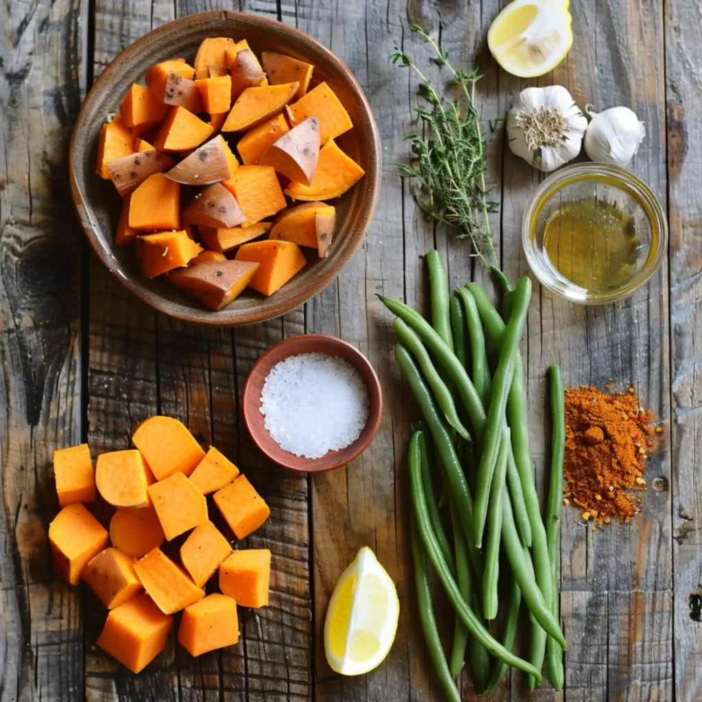 Sweet Potato and Green Bean Tray Bake ingredients top view