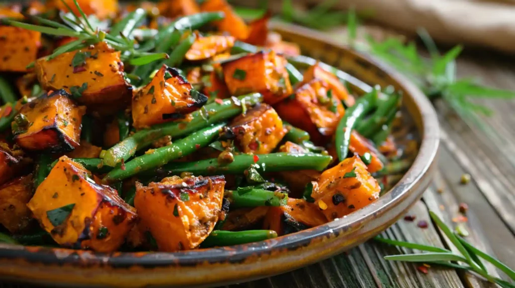 Sweet Potato and Green Bean Tray Bake served with herbs