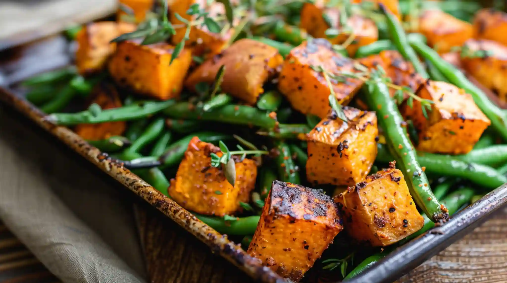 Oven-roasted Sweet Potato and Green Bean Tray Bake
