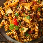 Taco pasta salad with ground beef, cherry tomatoes, and tortilla chips