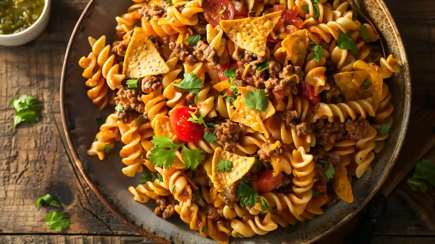 Taco pasta salad with ground beef, cherry tomatoes, and tortilla chips