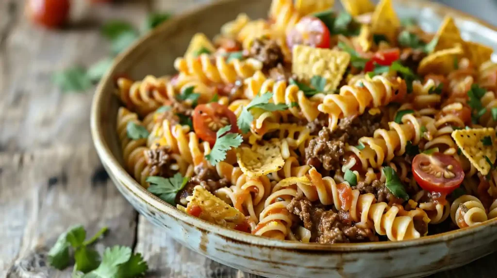 Taco Pasta Salad Recipe garnished with cilantro and crunchy nacho chips