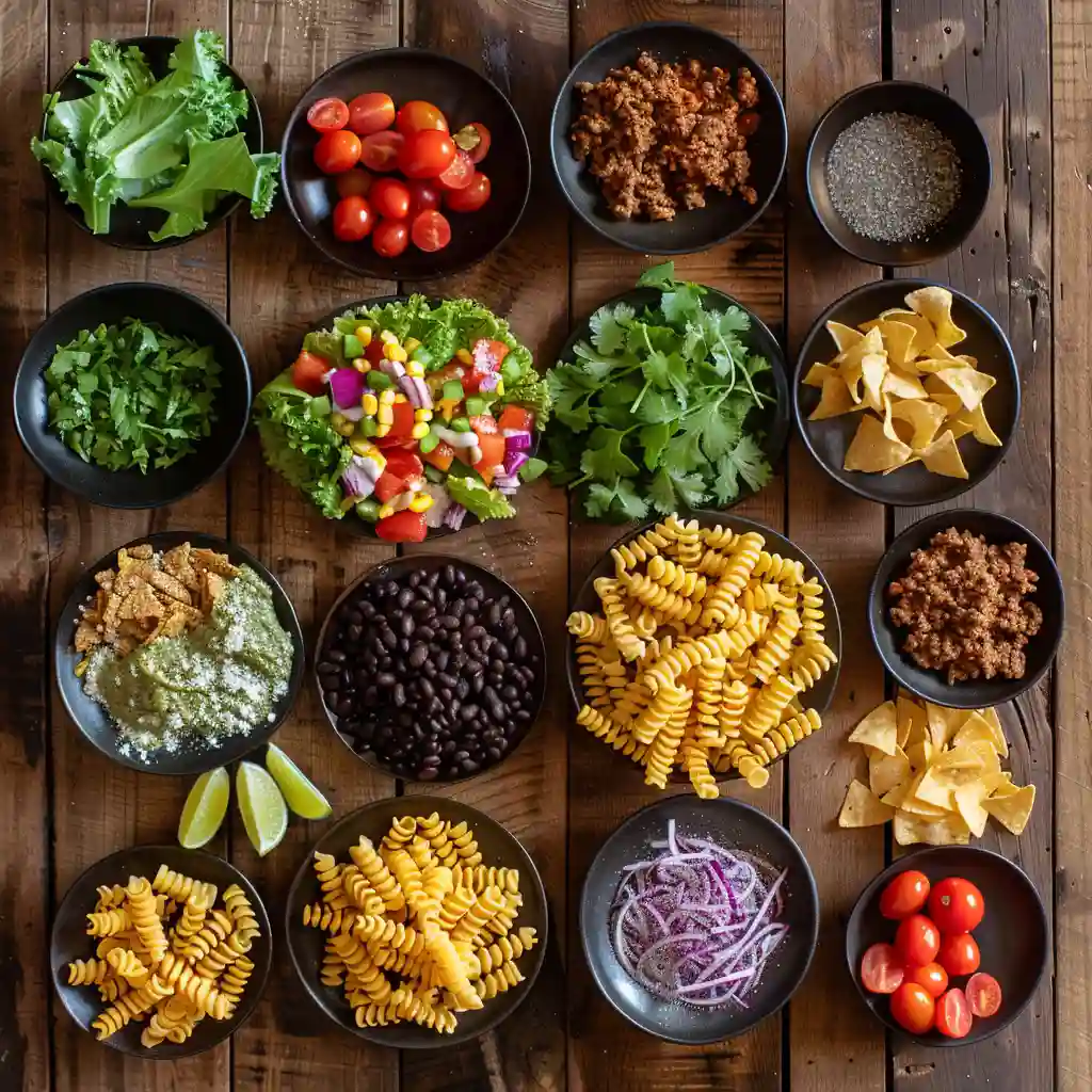 Ingredients for taco pasta salad including pasta, beef, vegetables, and chips