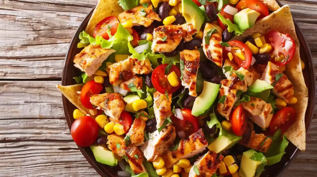 Tex-Mex chopped chicken salad with grilled chicken, avocado, and black beans