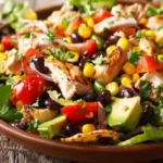 Tex-Mex chicken salad served with corn, tomatoes, and black beans