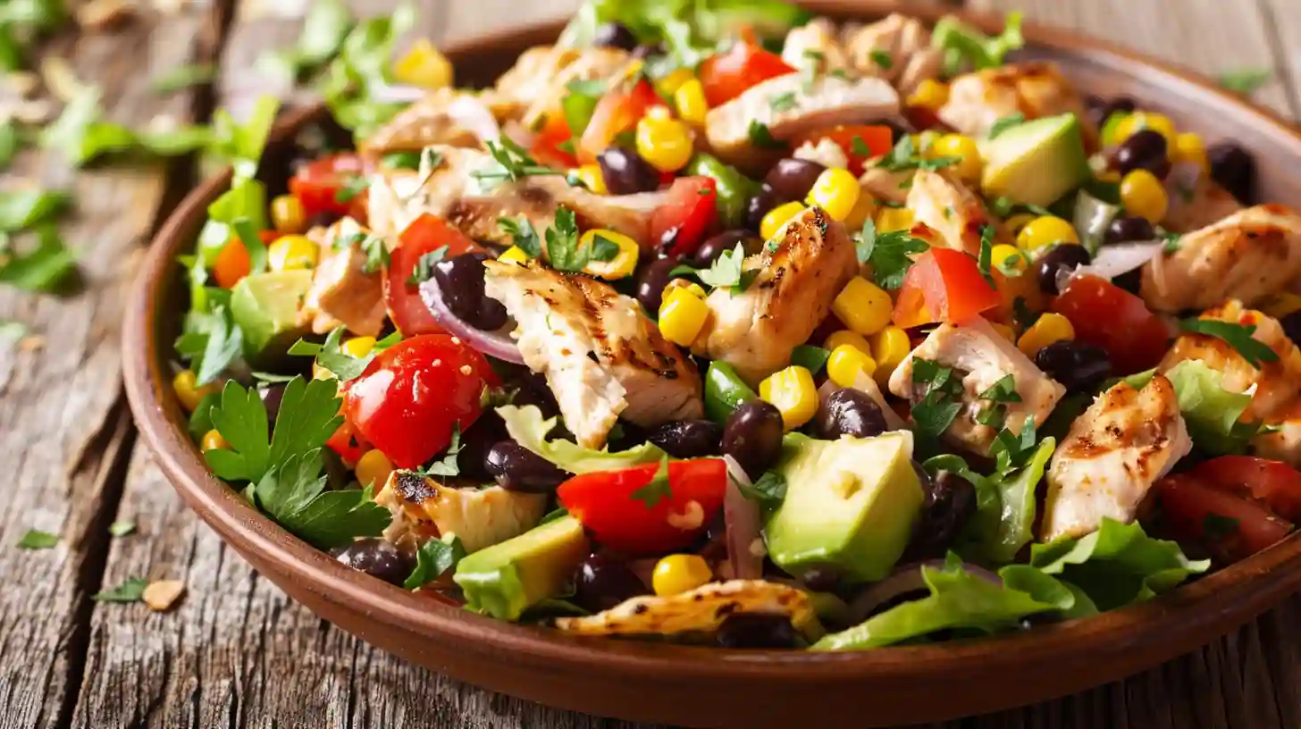 Tex-Mex chicken salad served with corn, tomatoes, and black beans