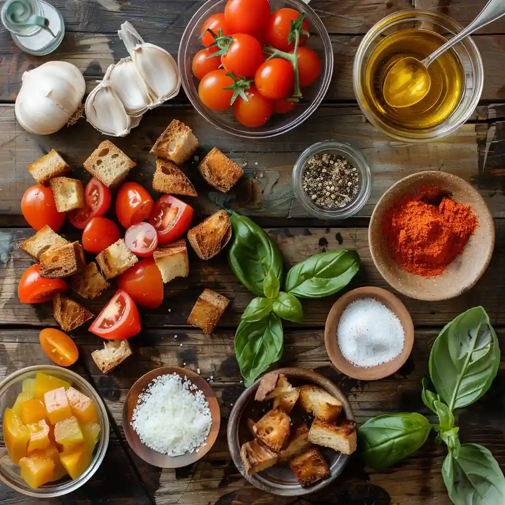 Fresh ingredients for roasted garlic tomato soup including tomatoes, basil, and spices