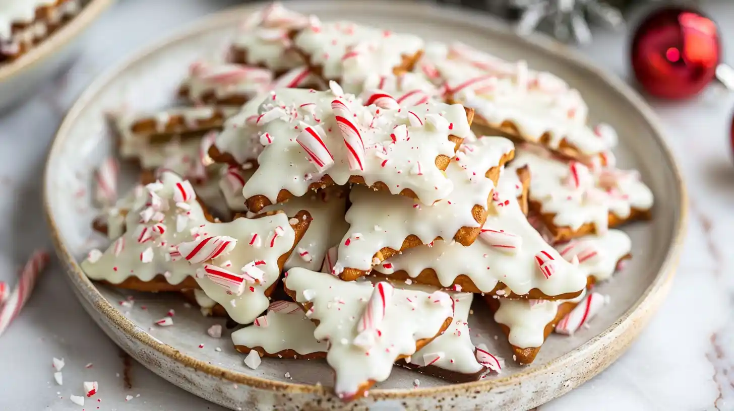 White Chocolate Peppermint Pretzel Crisps on a plate